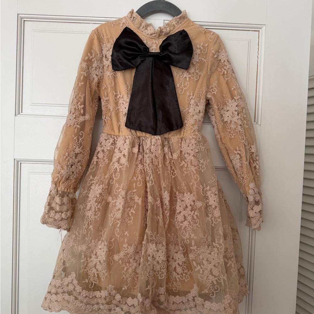 4T Delicate Lace Dress with Black Satin Bow